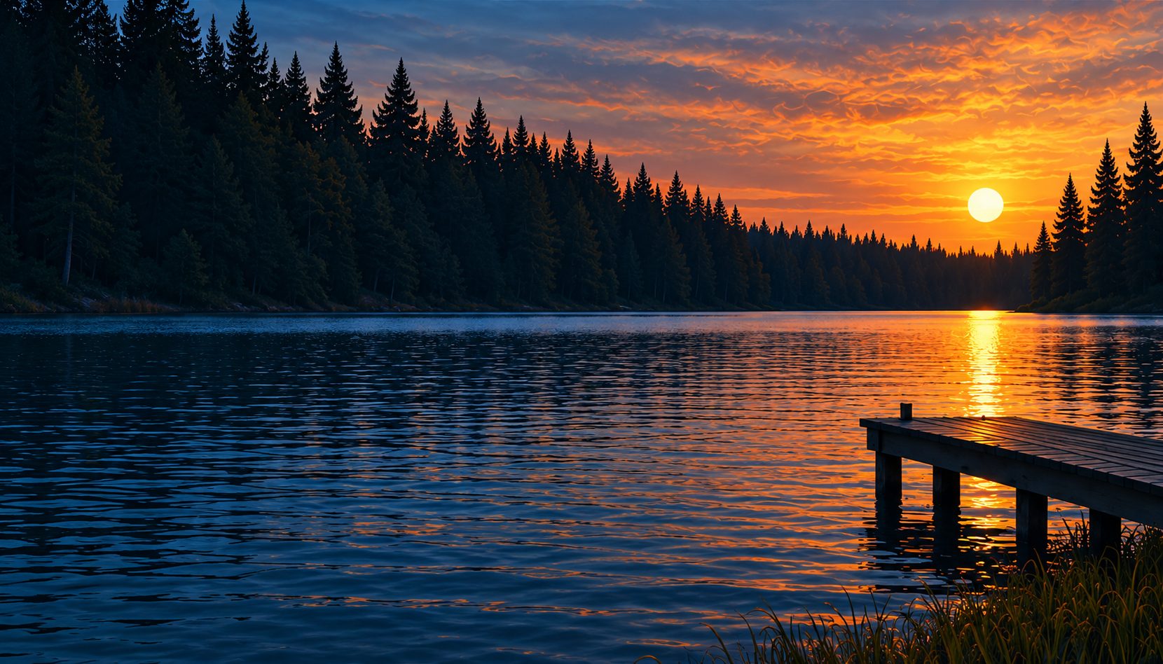 A wooden dock at sunset on a pine lined Minnesota lake